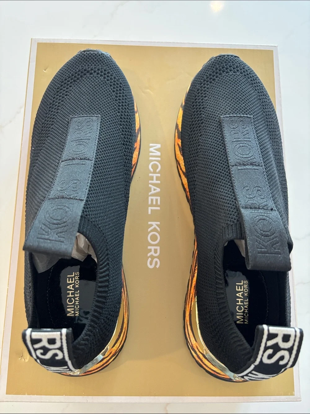 Michael Kors Kids Black Knit Slip-On Sneakers with Tiger-Print Accent